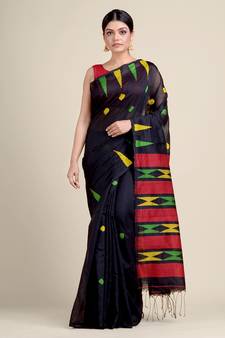 Black woven blended cotton saree with blouse