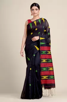 Black woven blended cotton saree with blouse