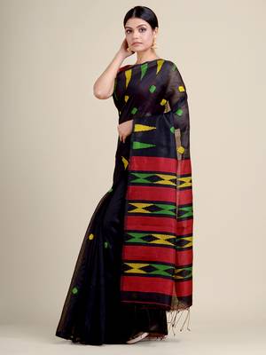 Black woven blended cotton saree with blouse 2