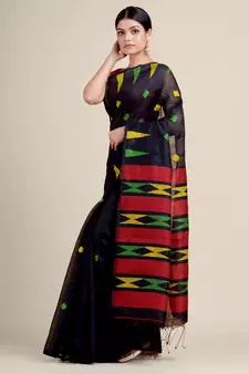 Black woven blended cotton saree with blouse