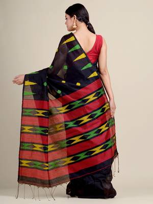Black woven blended cotton saree with blouse 3