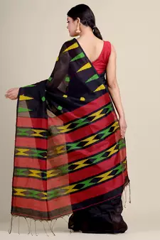 Black woven blended cotton saree with blouse
