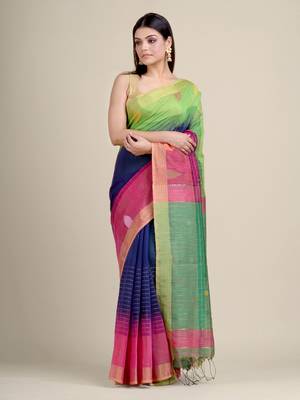 Blue woven blended cotton saree with blouse 1