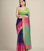 Blue woven blended cotton saree with blouse