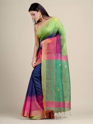 Blue woven blended cotton saree with blouse 2