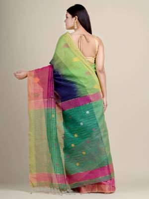 Blue woven blended cotton saree with blouse 3