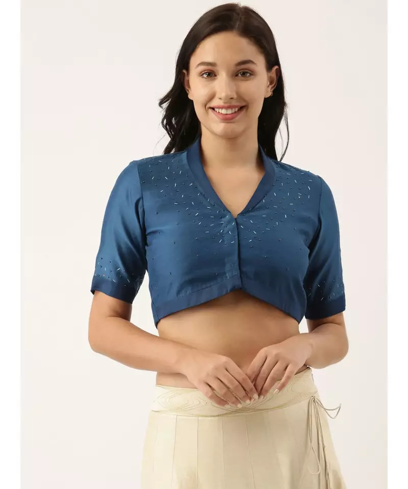Blue Linen Silk Collar Blouse