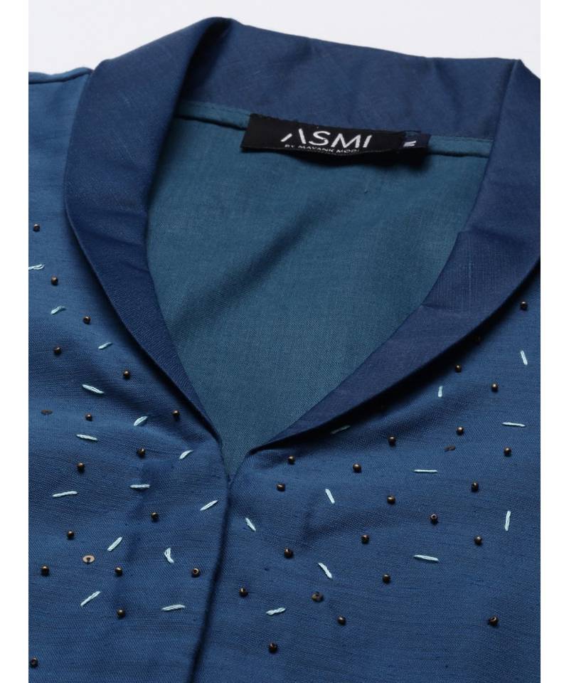 Blue Linen Silk Collar Blouse