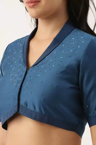 Blue Linen Silk Collar Blouse