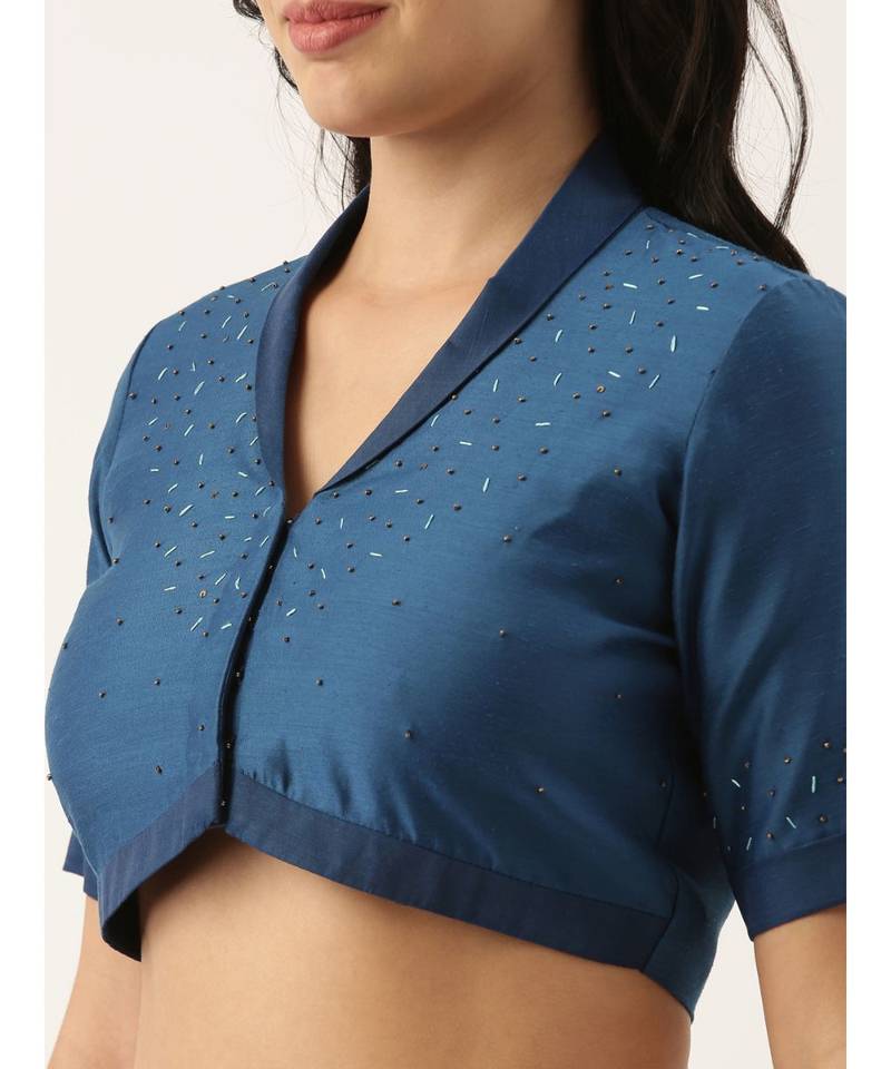 Blue Linen Silk Collar Blouse