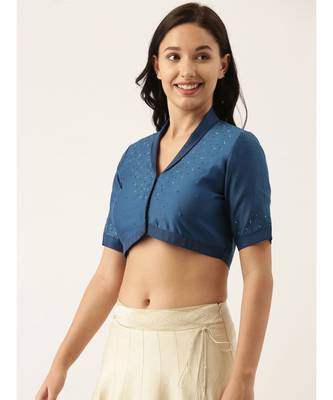 Blue Linen Silk Collar Blouse 4