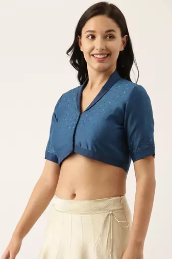 Blue Linen Silk Collar Blouse