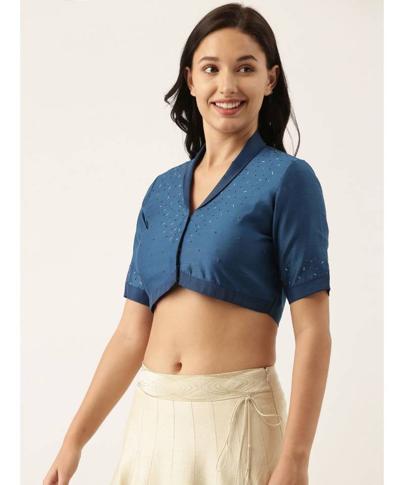 Blue Linen Silk Collar Blouse