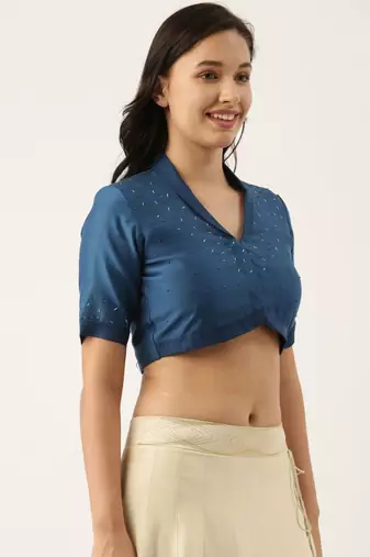 Blue Linen Silk Collar Blouse