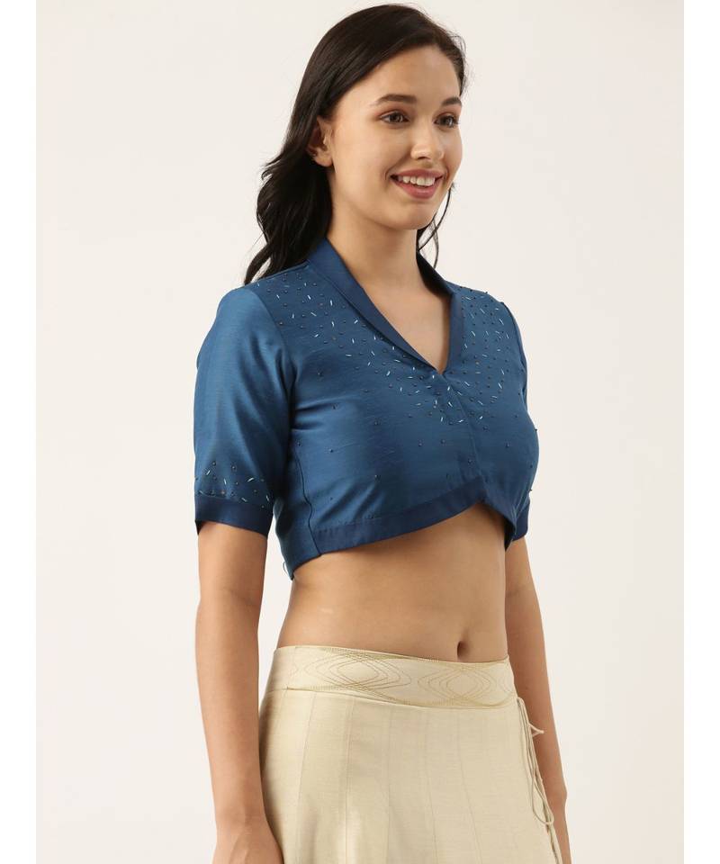 Blue Linen Silk Collar Blouse