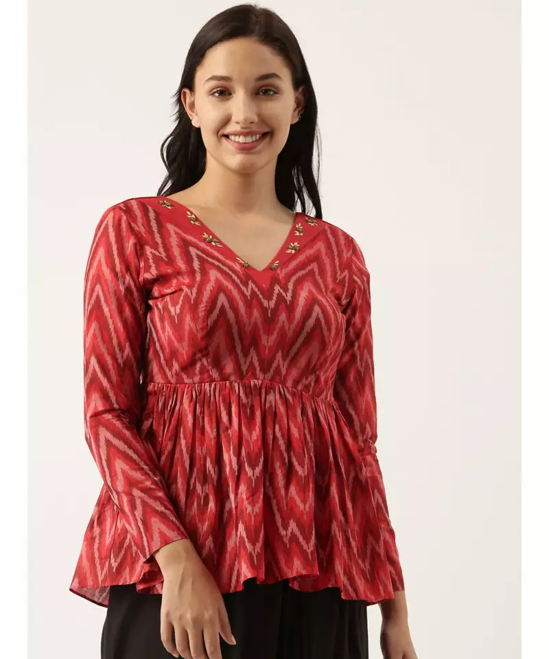 red Ikat Silk Long top