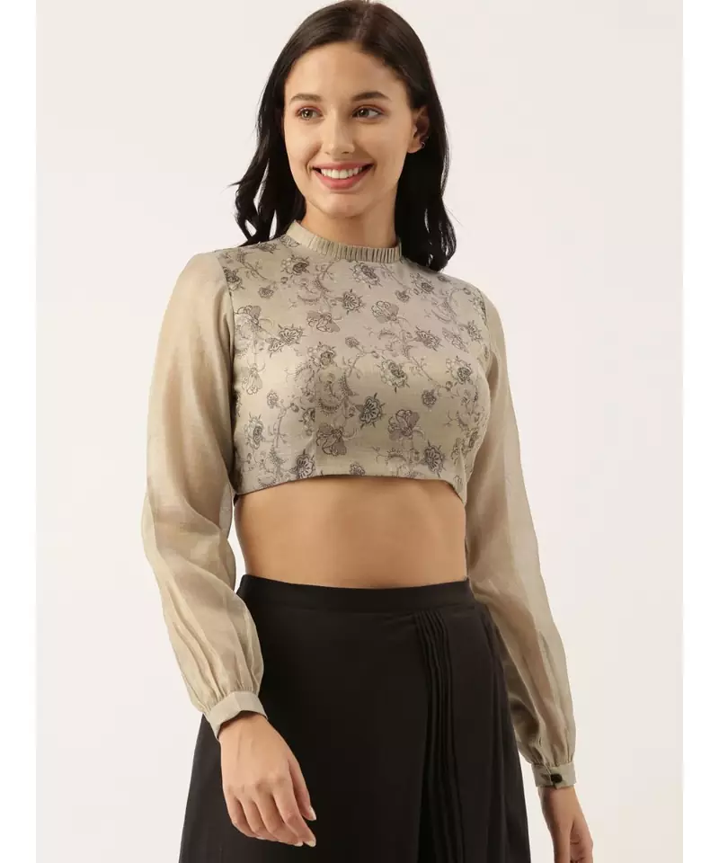 Grey Black Back Open Chanderi Blouse
