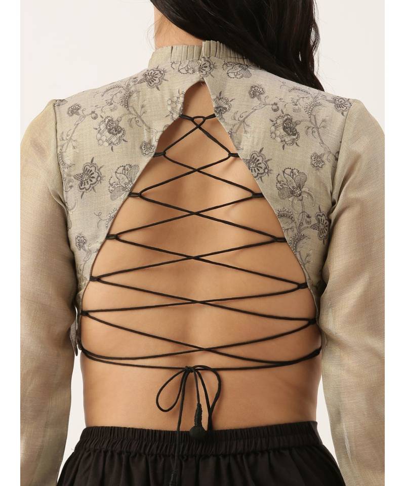Grey Black Back Open Chanderi Blouse