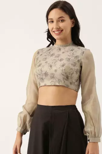 Grey Black Back Open Chanderi Blouse