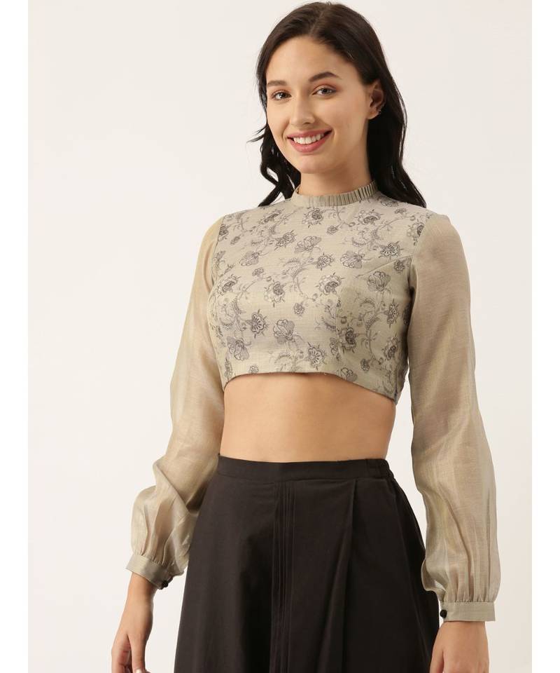 Grey Black Back Open Chanderi Blouse