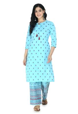 blue Cotton printed Stitched   kurta with   palazzo 1