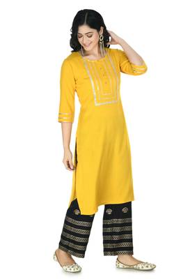 Mustard  Cotton printed Stitched   kurta with   palazzo 1