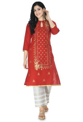 Red Cotton printed Stitched   kurta with   palazzo 1