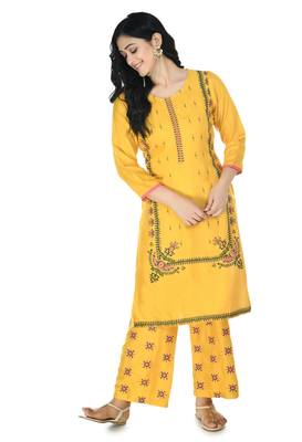 Mustard  Rayon printed Stitched   kurta with   palazzo 1