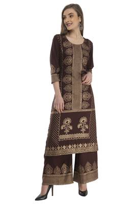 Brown rayon printed Stitched   kurta with   palazzo 1