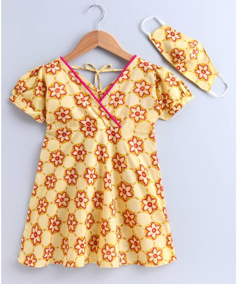 yellow cotton printed stitched   frock