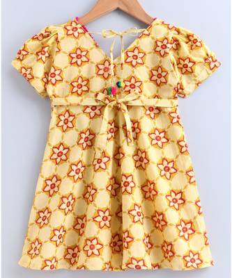 yellow cotton printed stitched   frock 3