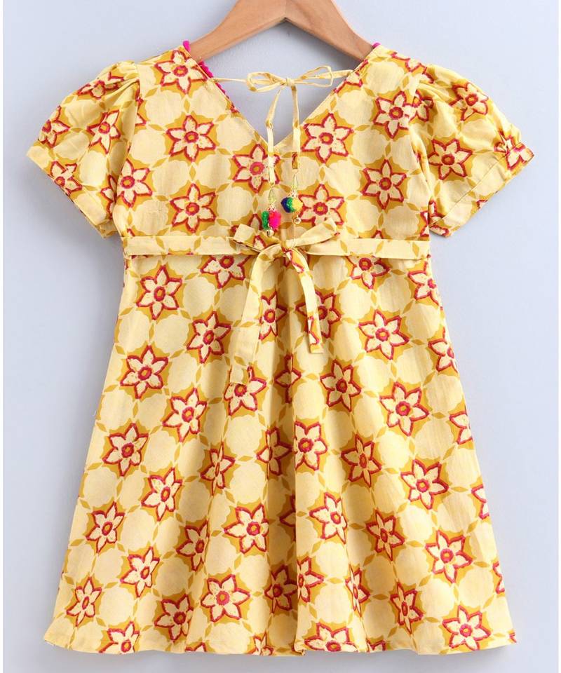yellow cotton printed stitched   frock
