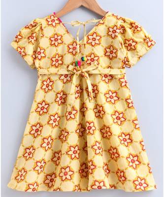 yellow cotton printed stitched   frock 4