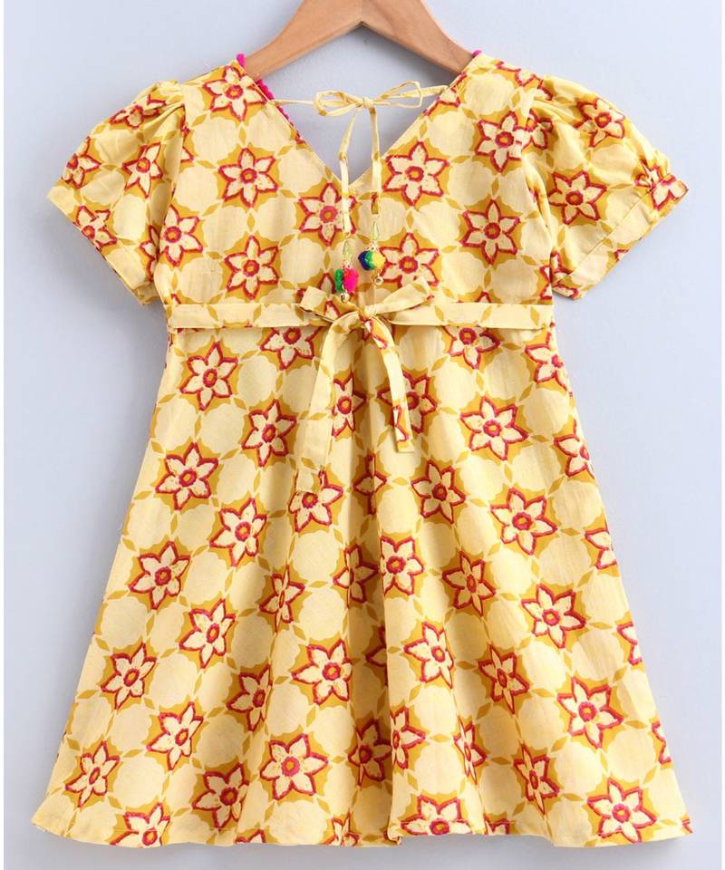 yellow cotton printed stitched   frock