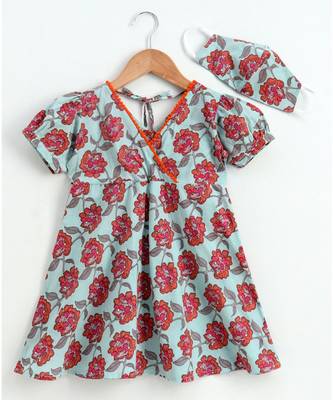 Blue cotton printed stitched   dress with   mask 1