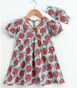 Blue cotton printed stitched   dress with   mask