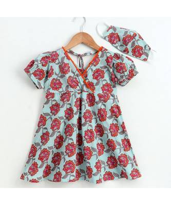Blue cotton printed stitched   dress with   mask 3