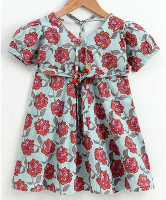 Blue cotton printed stitched   dress with   mask 5
