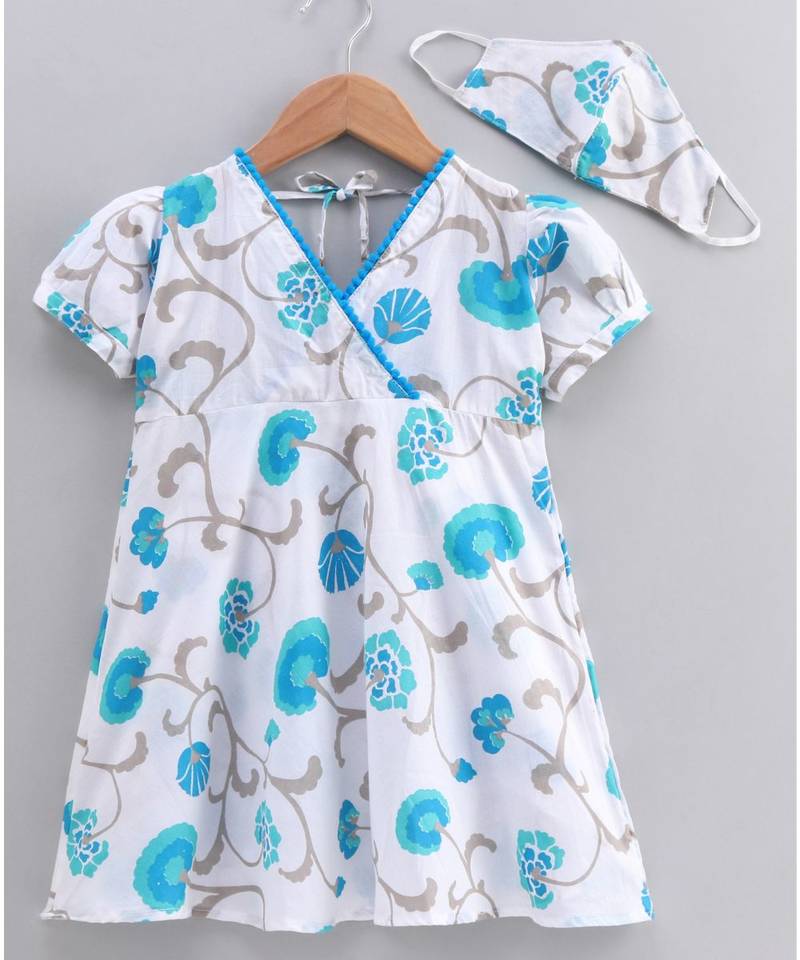 white cotton printed stitched   dress with   mask