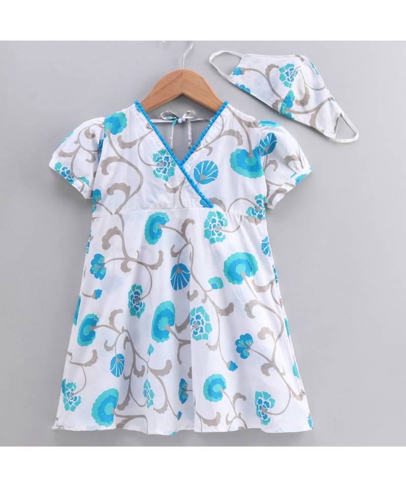 white cotton printed stitched   dress with   mask