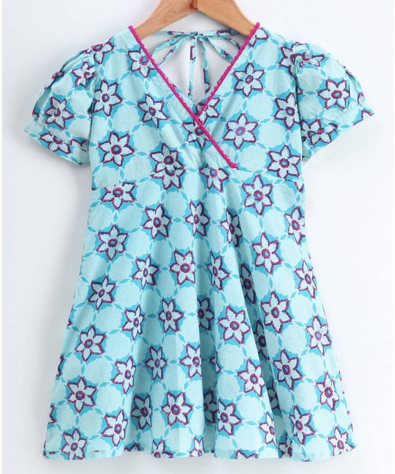 blue cotton printed stitched   dress with   mask
