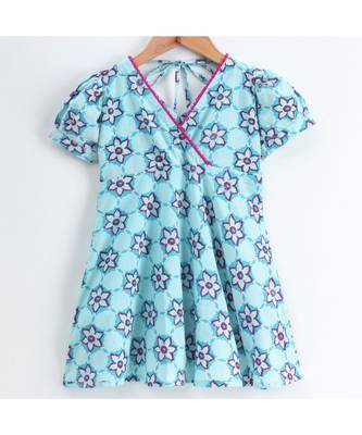 blue cotton printed stitched   dress with   mask 3