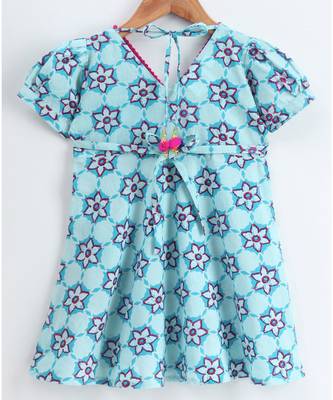 blue cotton printed stitched   dress with   mask 4
