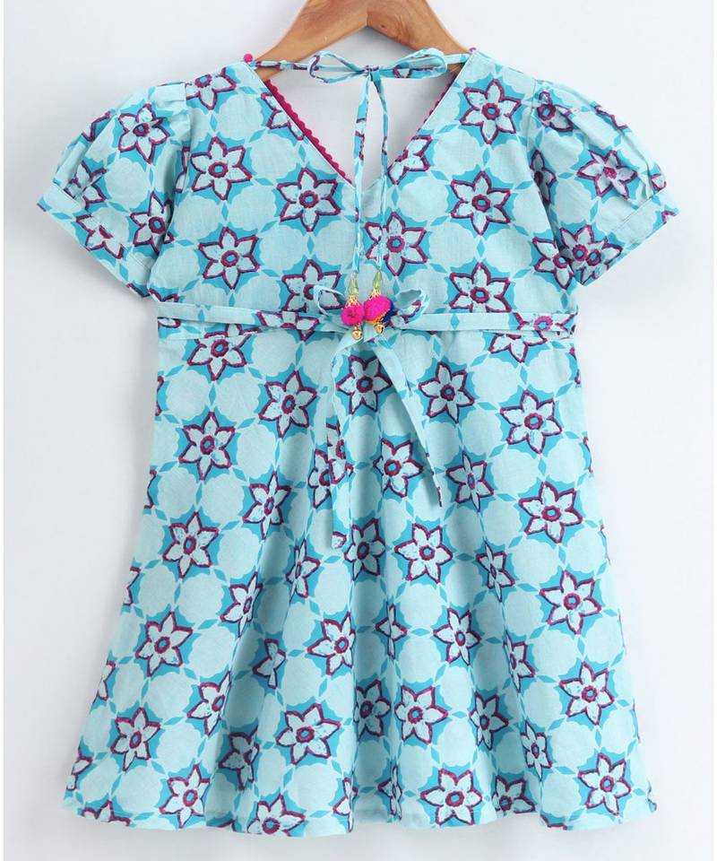 blue cotton printed stitched   dress with   mask