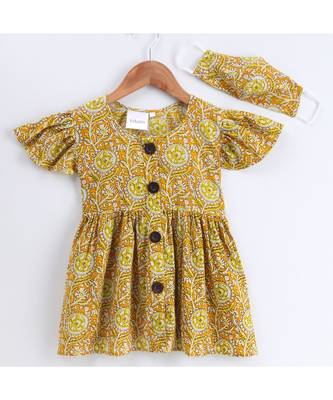 yellow cotton printed stitched   frock 3