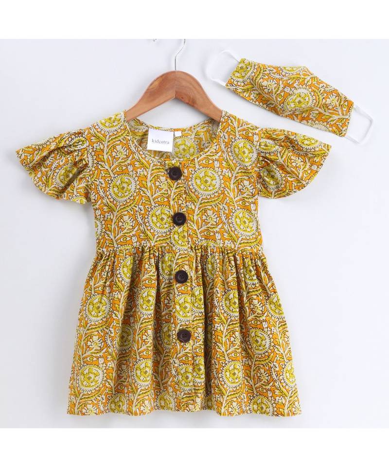 yellow cotton printed stitched   frock