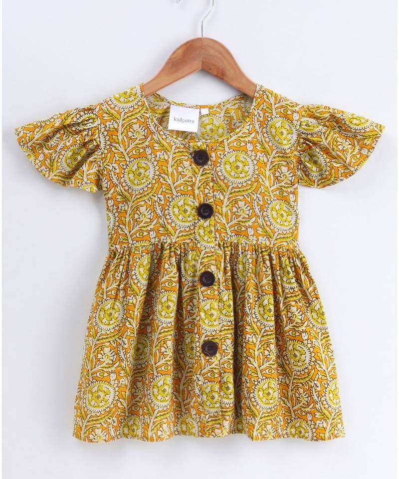 yellow cotton printed stitched   frock