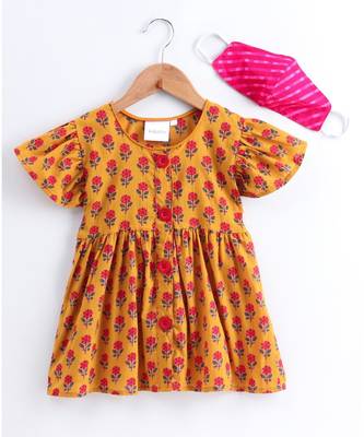 mustard cotton printed stitched   frock 1