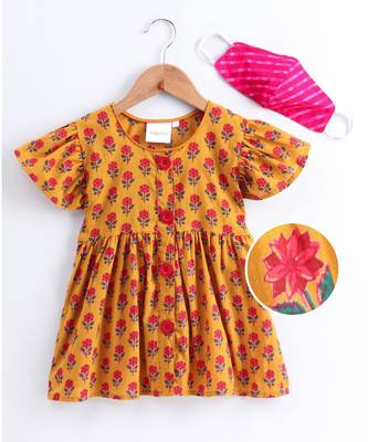 mustard cotton printed stitched   frock 2