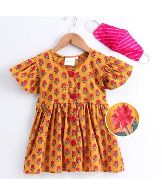 mustard cotton printed stitched   frock 3